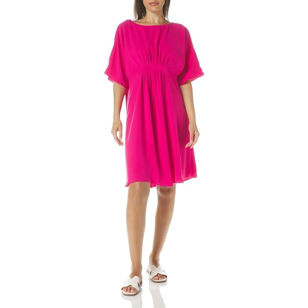 Trina Turk A-Line Dress Women's Small Hot Pink Gathered Waist Short Sleeves